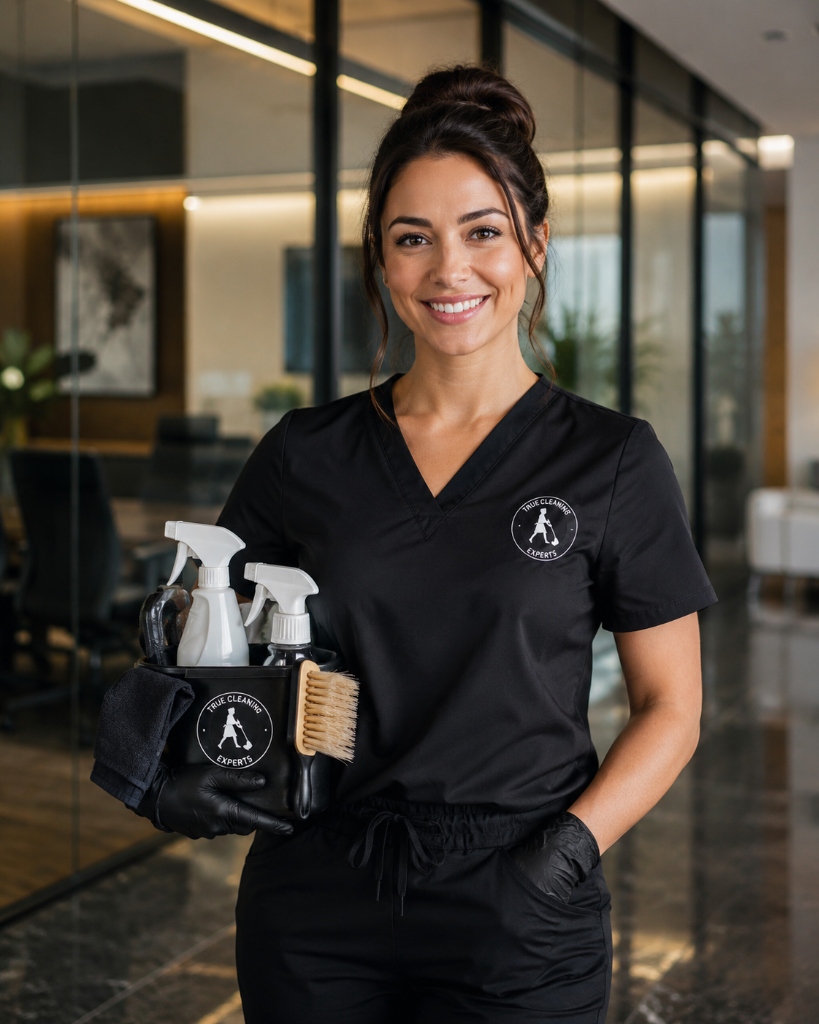 Professional commercial cleaning technician in Houston holding a supply caddy in a bright office