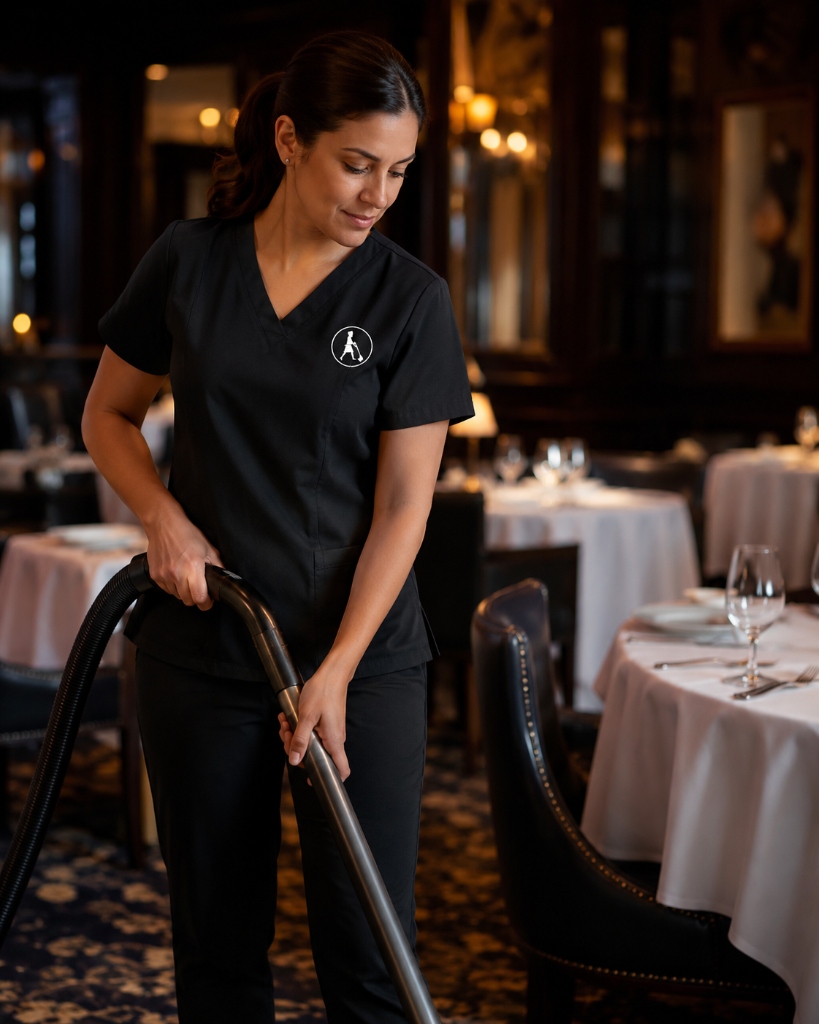 Commercial restaurant cleaning technician in Houston vacuuming dining room carpet