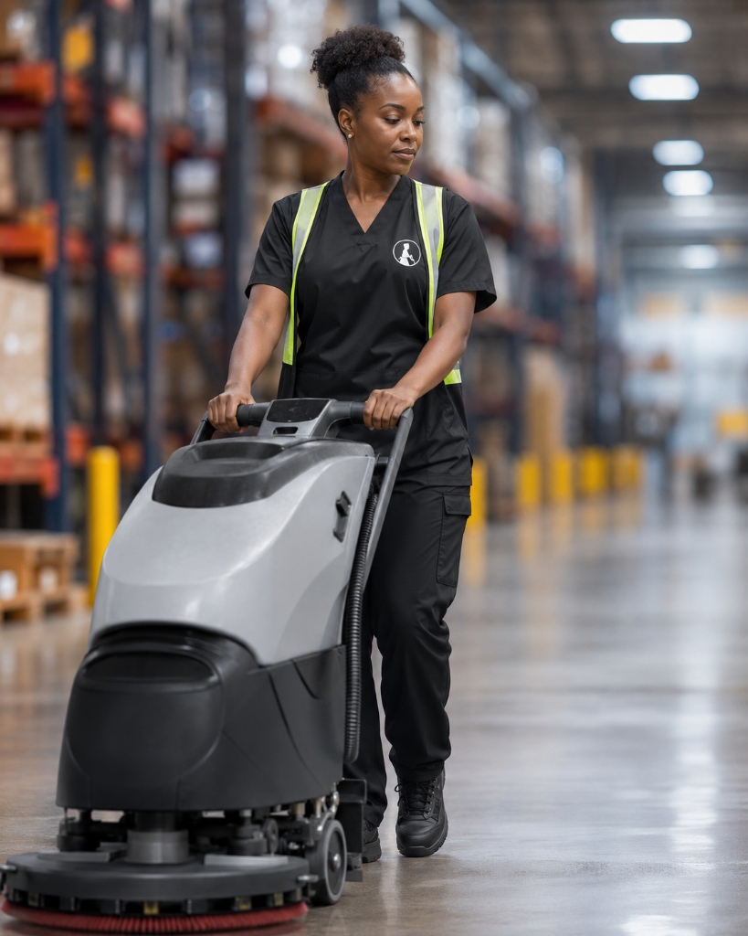 Industrial warehouse cleaning technician in Houston operating a professional floor scrubber